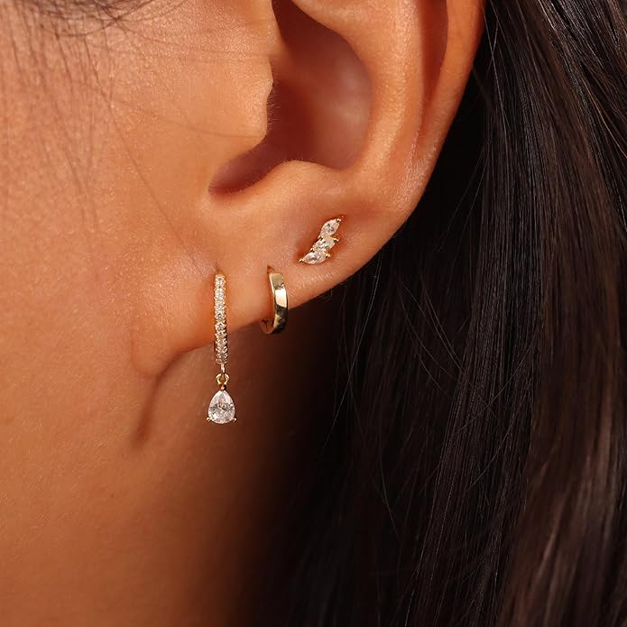 3 Pairs Gold Hoop Earrings Set: Dainty Stud Earrings Trendy Small 14K Gold Plated Hypoallergenic Dangle Cartilage Huggie Hoop Earrings for Women Gold Jewelry for Women Gifts