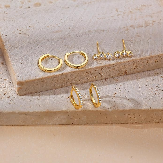 3 Pairs Gold Hoop Earrings Set: Dainty Stud Earrings Trendy Small 14K Gold Plated Hypoallergenic Dangle Cartilage Huggie Hoop Earrings for Women Gold Jewelry for Women Gifts