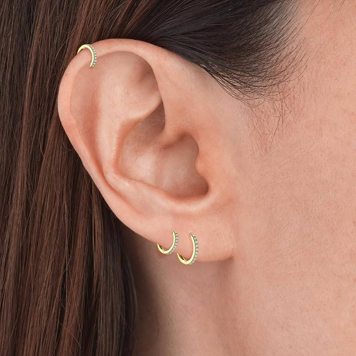 925 Sterling Silver Small Hoop Earrings Cubic Zirconia Earrings, 3 Pairs, 14K White Gold Plated Ear Bone Pierced Earrings Clip-On Small Hoop Earrings, Unisex