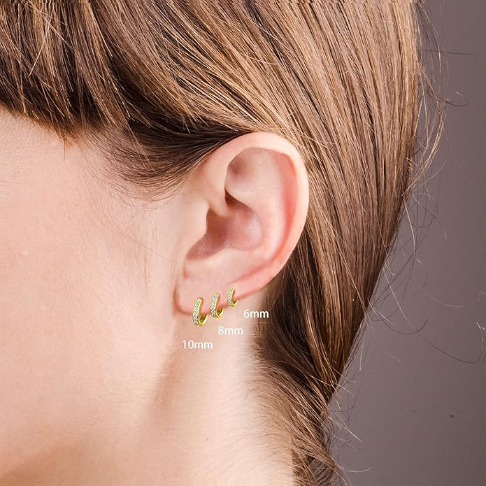 925 Sterling Silver Small Hoop Earrings Cubic Zirconia Earrings, 3 Pairs, 14K White Gold Plated Ear Bone Pierced Earrings Clip-On Small Hoop Earrings, Unisex