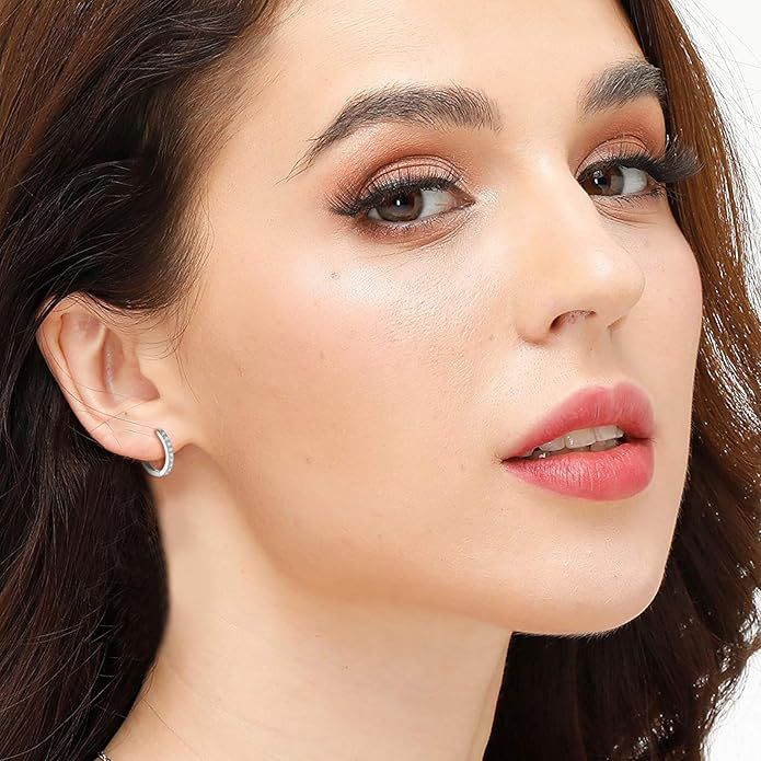 925 Sterling Silver Small Hoop Earrings Cubic Zirconia Earrings, 3 Pairs, 14K White Gold Plated Ear Bone Pierced Earrings Clip-On Small Hoop Earrings, Unisex