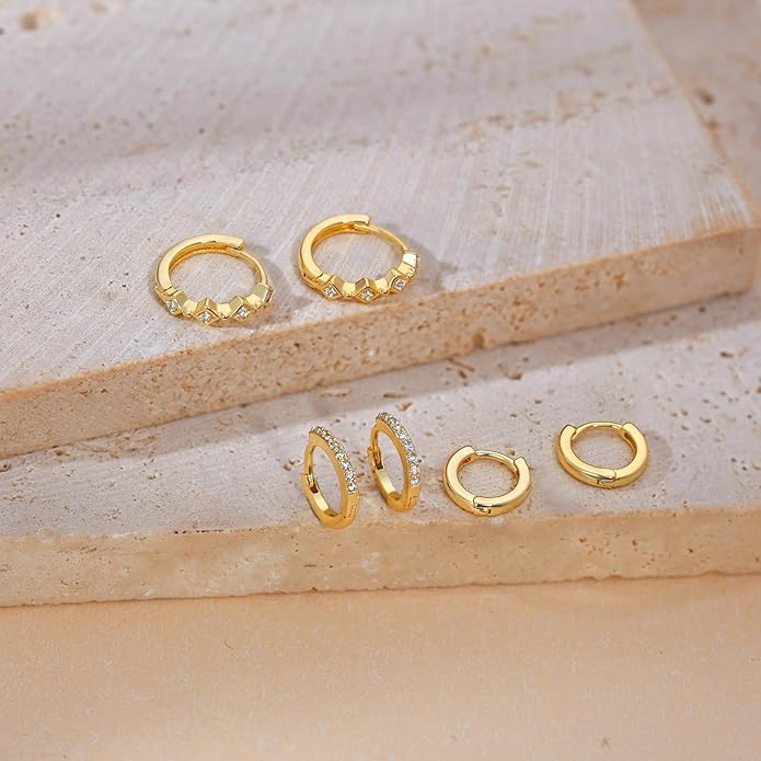3 Pairs Gold Hoop Earrings Set: Dainty Stud Earrings Trendy Small 14K Gold Plated Hypoallergenic Dangle Cartilage Huggie Hoop Earrings for Women Gold Jewelry for Women Gifts
