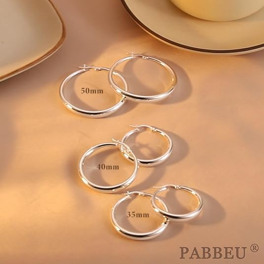PABBEU S925 Sterling Silver Hoop Earrings Large Silver Hoop Earrings for Women Hypoallergenic Lightweight Big Thick Silver Hoop Earrings for Women Girls 35/40/50/60/70mm