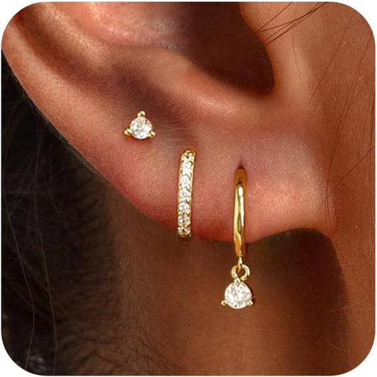 3-Pair 14K Gold Plated Hoop Earrings Set