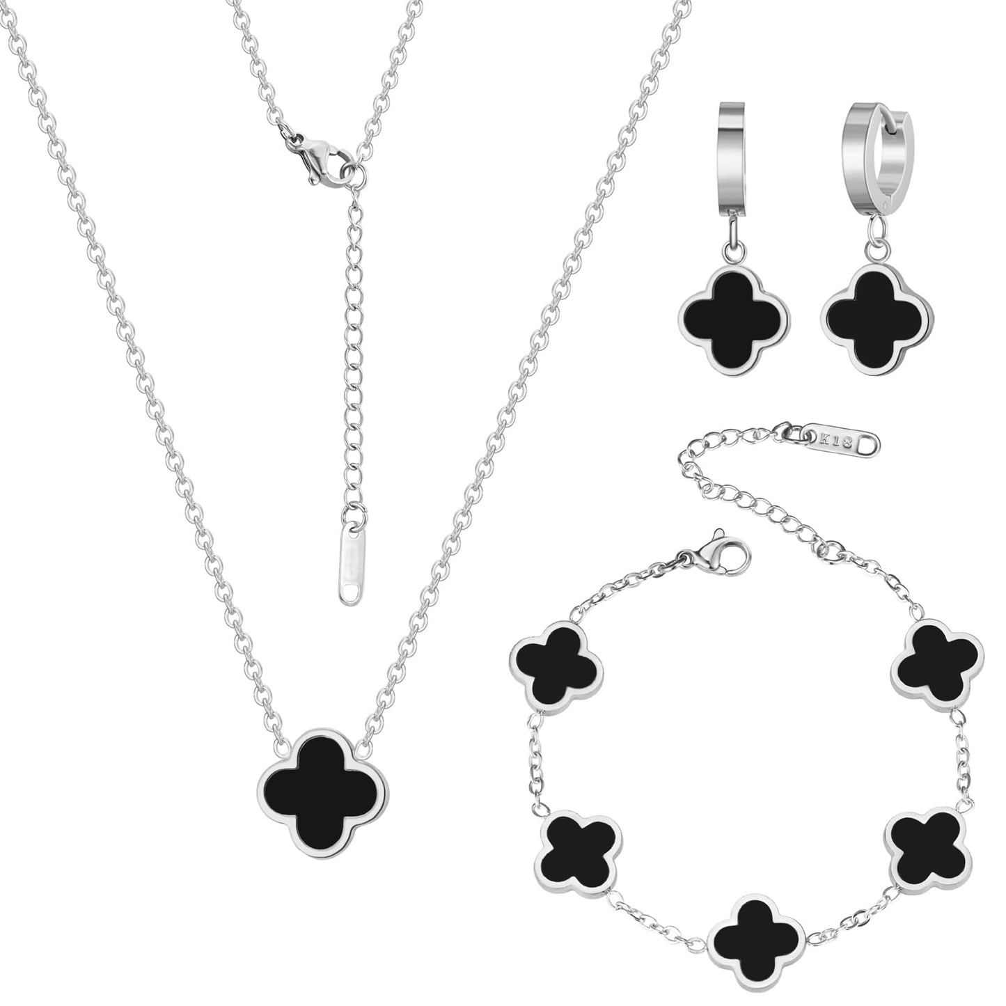 Gold-Tone Black Clover Leaf Jewelry Set