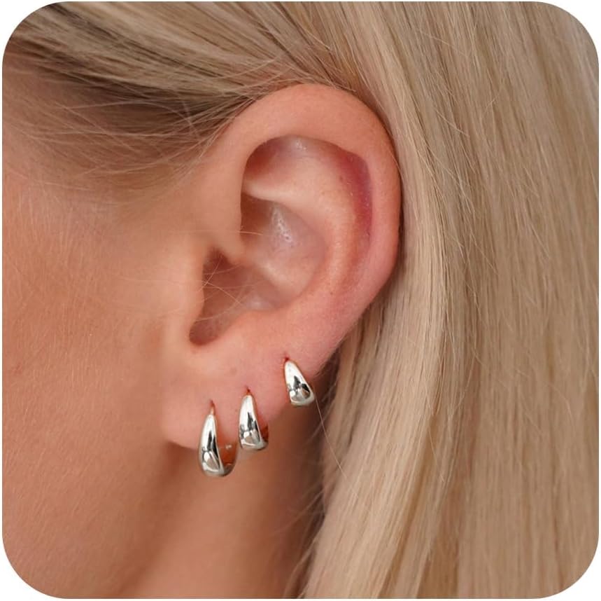 Gold Huggie Hoop Earrings Set for Women, Dainty Small Sterling Silver Earrings for Multiple Piercing Lightweight Hypoallergenic Jewelry, Trendy Twisted Cubic Zircon Cartilage Earrings for Women's Gifts 3 Pairs