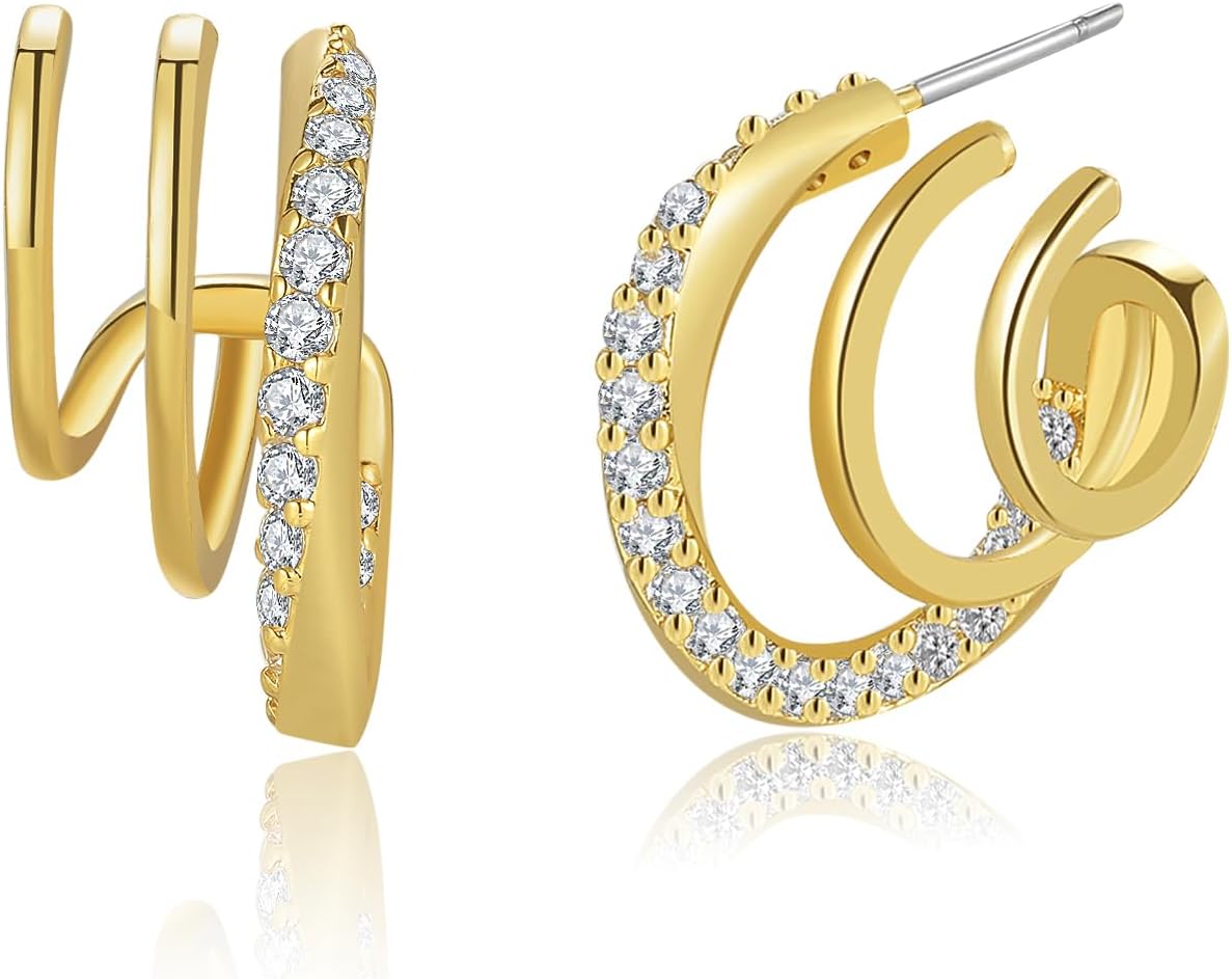 S925 14K Gold Plated Triple Huggie Illusion Stud Earrings | Double Huggie Hoop Earrings for One Hole | Gold Hoop Earrings for Women | Drop earrings