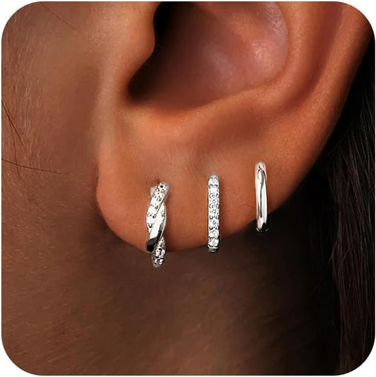 3-Pair 925 Silver Gold CZ Hoop Earrings Set