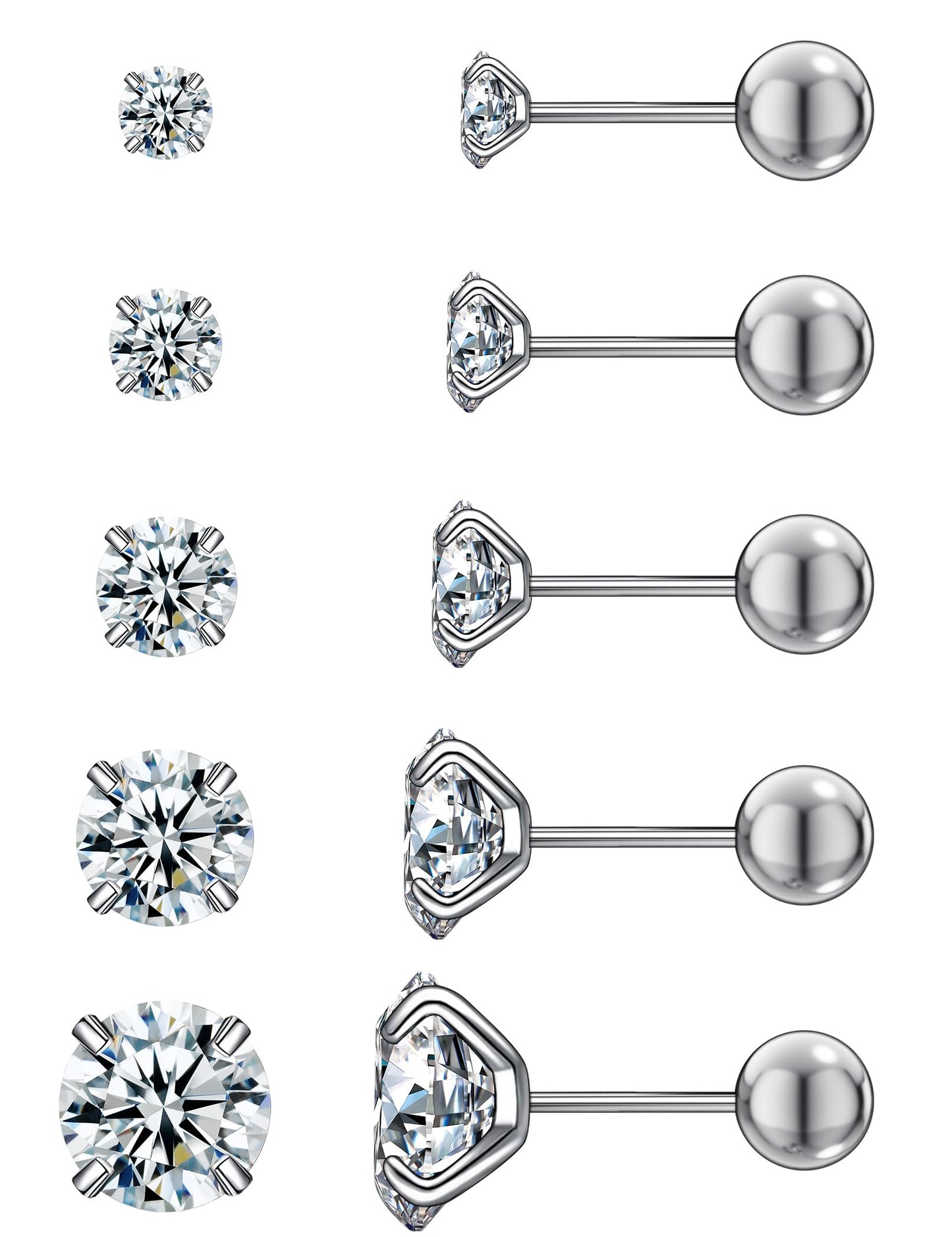 6-Pair CZ Stud Earrings Set