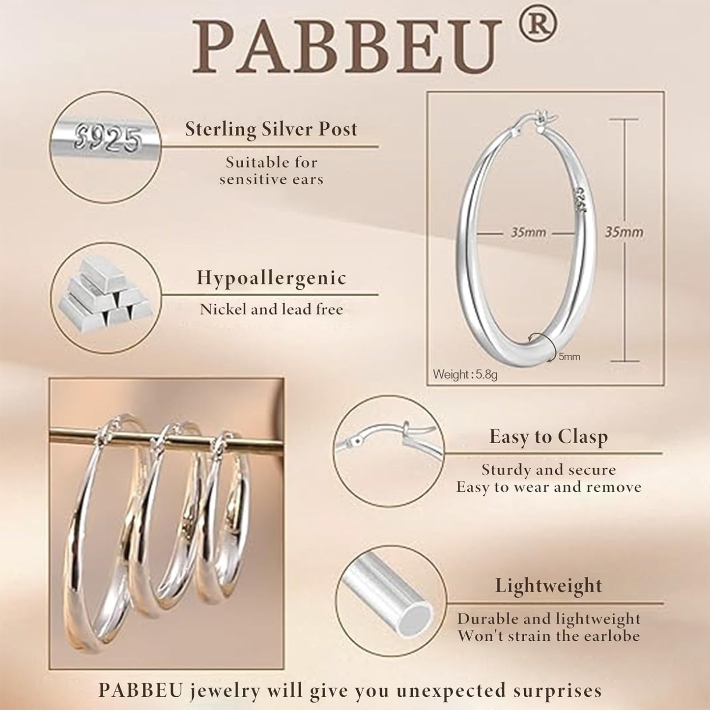 PABBEU S925 Sterling Silver Hoop Earrings Large Silver Hoop Earrings for Women Hypoallergenic Lightweight Big Thick Silver Hoop Earrings for Women Girls 35/40/50/60/70mm