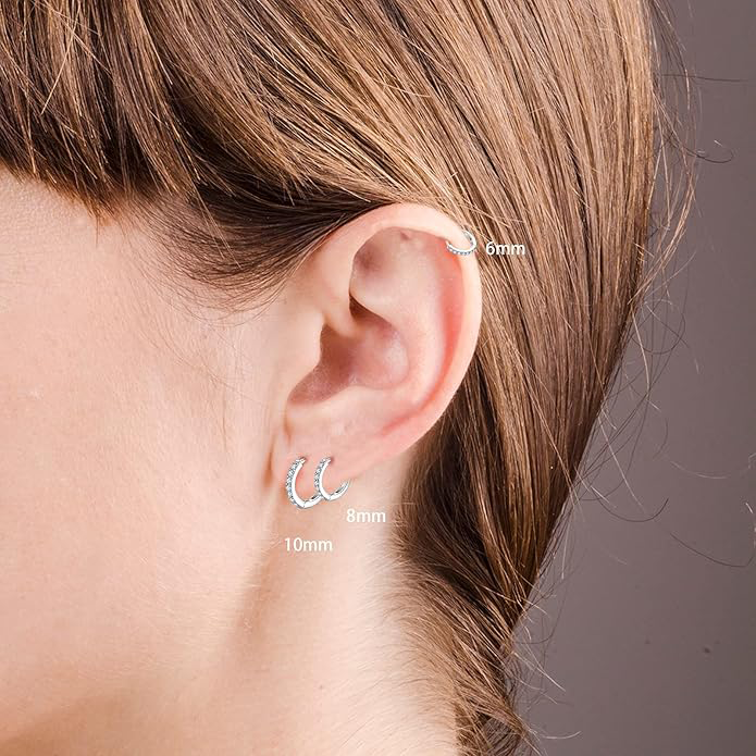 925 Sterling Silver Small Hoop Earrings Cubic Zirconia Earrings, 3 Pairs, 14K White Gold Plated Ear Bone Pierced Earrings Clip-On Small Hoop Earrings, Unisex