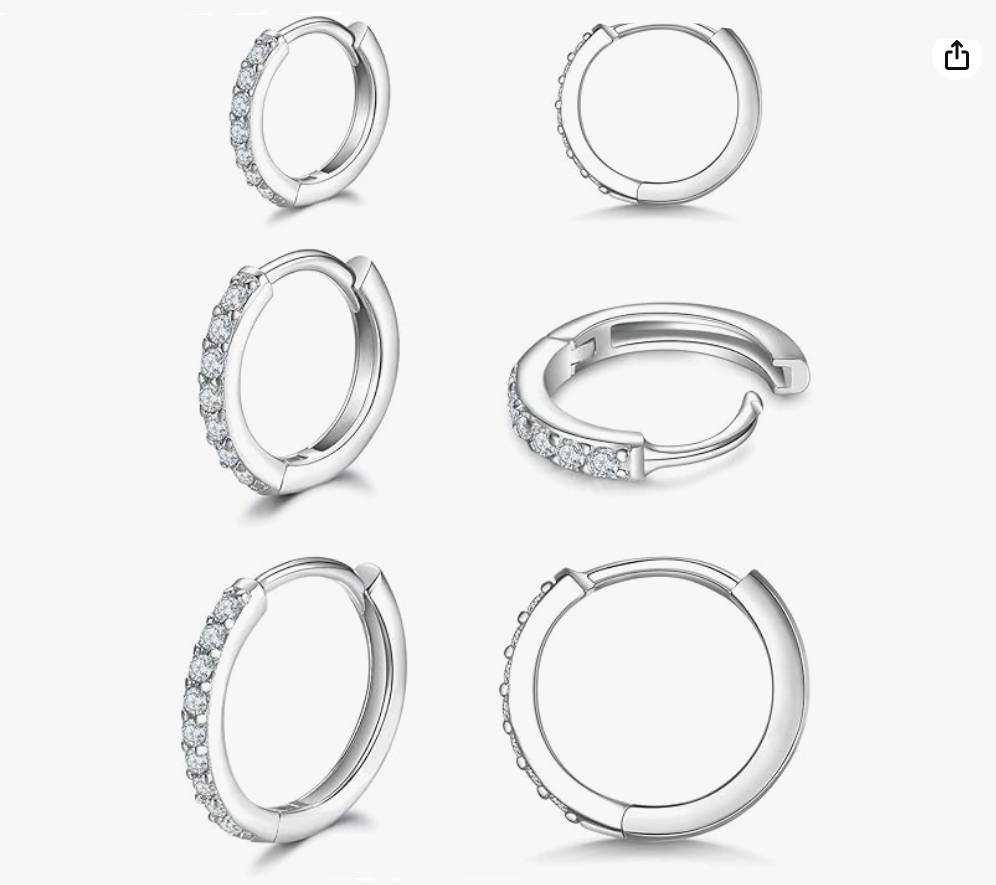 925 Sterling Silver Small Hoop Earrings Cubic Zirconia Earrings, 3 Pairs, 14K White Gold Plated Ear Bone Pierced Earrings Clip-On Small Hoop Earrings, Unisex