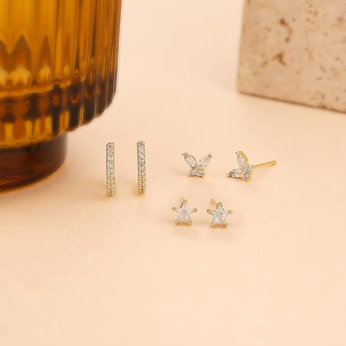 3 Pairs Gold Hoop Earrings Set: Dainty Stud Earrings Trendy Small 14K Gold Plated Hypoallergenic Dangle Cartilage Huggie Hoop Earrings for Women Gold Jewelry for Women Gifts