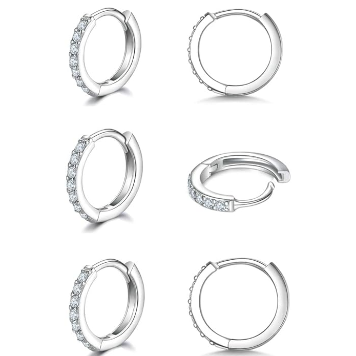 925 Sterling Silver Small Hoop Earrings Cubic Zirconia Earrings, 3 Pairs, 14K White Gold Plated Ear Bone Pierced Earrings Clip-On Small Hoop Earrings, Unisex