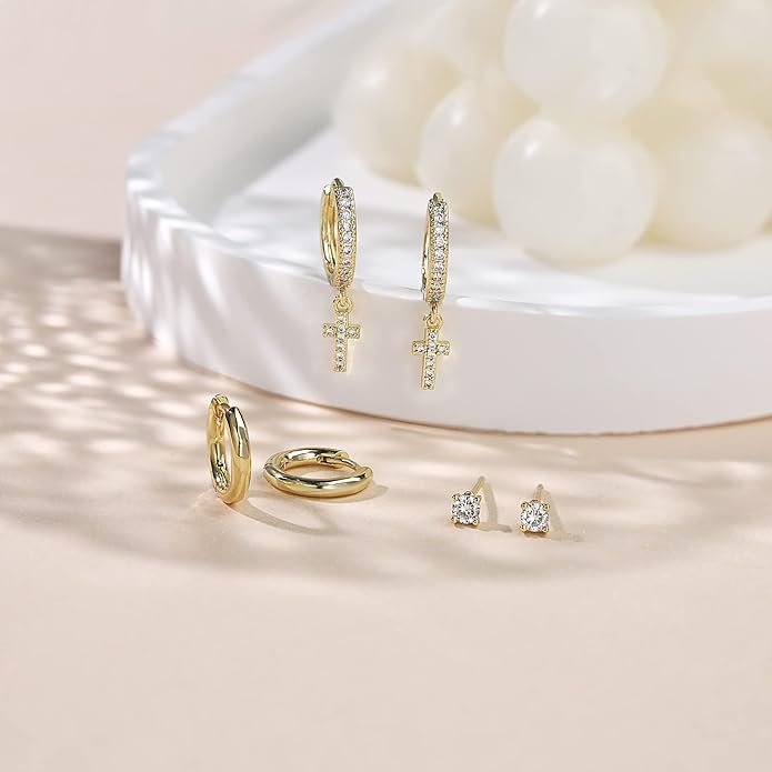 3 Pairs Gold Hoop Earrings Set: Dainty Stud Earrings Trendy Small 14K Gold Plated Hypoallergenic Dangle Cartilage Huggie Hoop Earrings for Women Gold Jewelry for Women Gifts