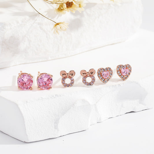 3-Pair Pink Gemstone Stud Earrings Set