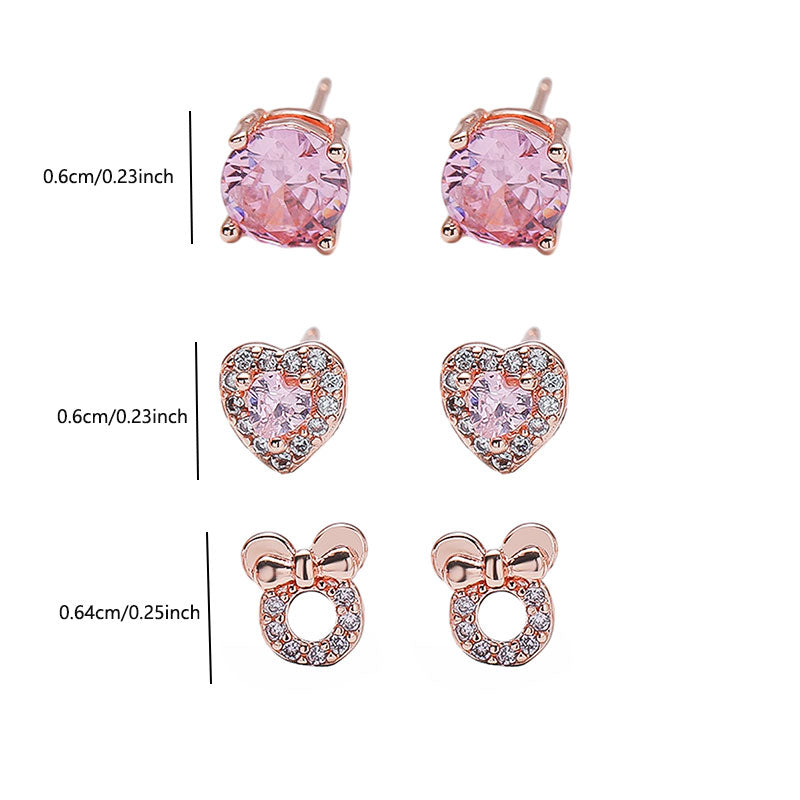 3-Pair Pink Gemstone Stud Earrings Set