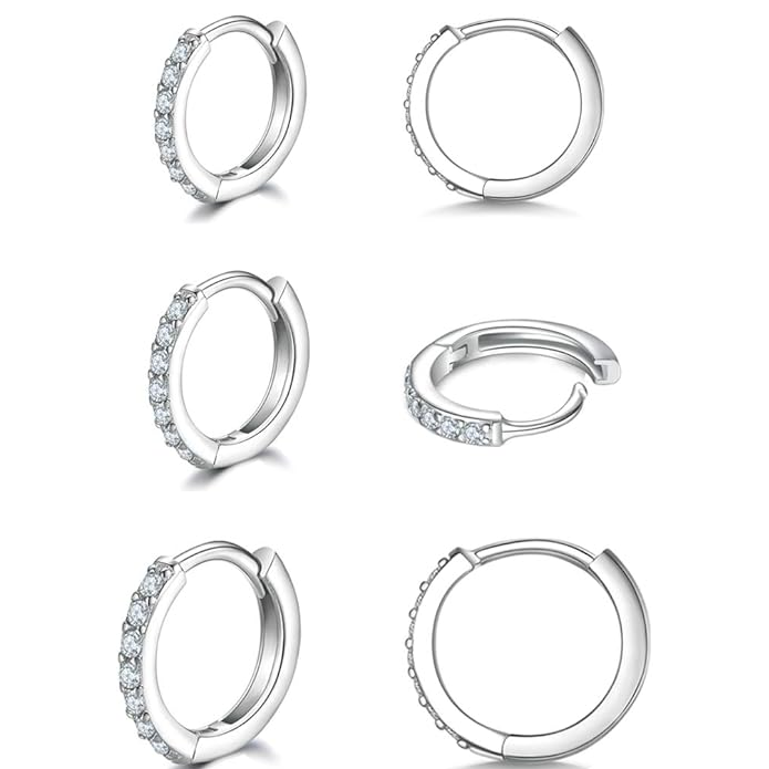 925 Sterling Silver Small Hoop Earrings Cubic Zirconia Earrings, 3 Pairs, 14K White Gold Plated Ear Bone Pierced Earrings Clip-On Small Hoop Earrings, Unisex