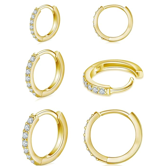 925 Sterling Silver Small Hoop Earrings Cubic Zirconia Earrings, 3 Pairs, 14K White Gold Plated Ear Bone Pierced Earrings Clip-On Small Hoop Earrings, Unisex