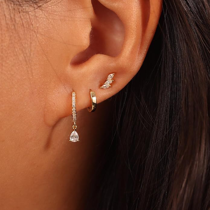 3 Pairs Gold Hoop Earrings Set: Dainty Stud Earrings Trendy Small 14K Gold Plated Hypoallergenic Dangle Cartilage Huggie Hoop Earrings for Women Gold Jewelry for Women Gifts