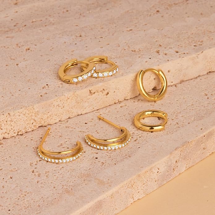Gold Huggie Hoop Earrings Set for Women, Dainty Small Sterling Silver Earring for Multiple Piercing Hypoallergenic Jewelry, Trendy Twisted CZ Cartilage Earings for Women's Mother Gifts 3Pairs
