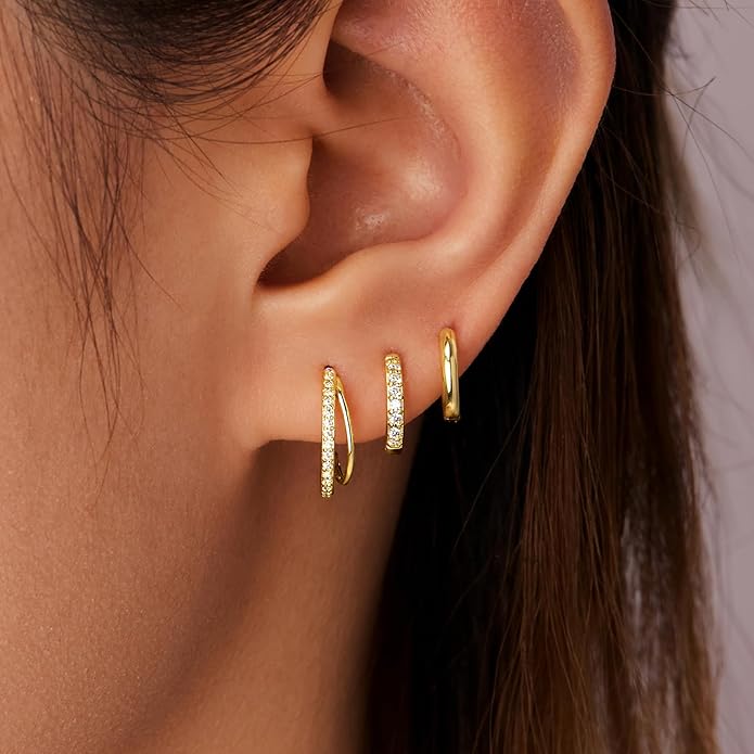 Gold Huggie Hoop Earrings Set for Women, Dainty Small Sterling Silver Earring for Multiple Piercing Hypoallergenic Jewelry, Trendy Twisted CZ Cartilage Earings for Women's Mother Gifts 3Pairs