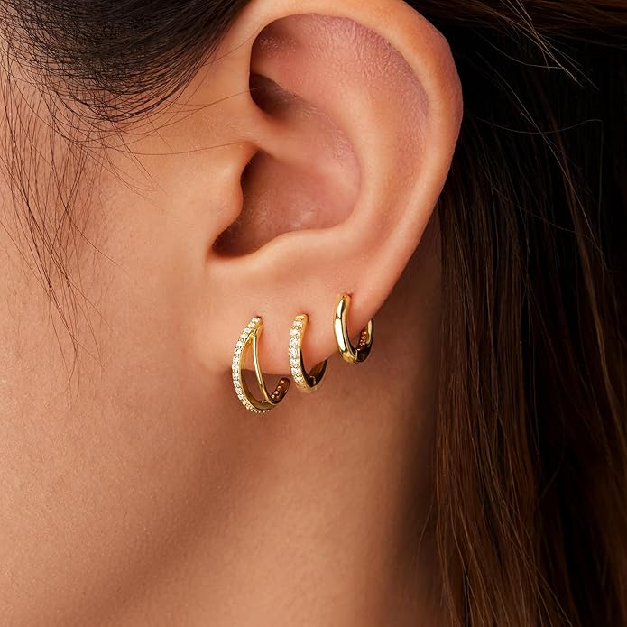 Gold Huggie Hoop Earrings Set for Women, Dainty Small Sterling Silver Earring for Multiple Piercing Hypoallergenic Jewelry, Trendy Twisted CZ Cartilage Earings for Women's Mother Gifts 3Pairs