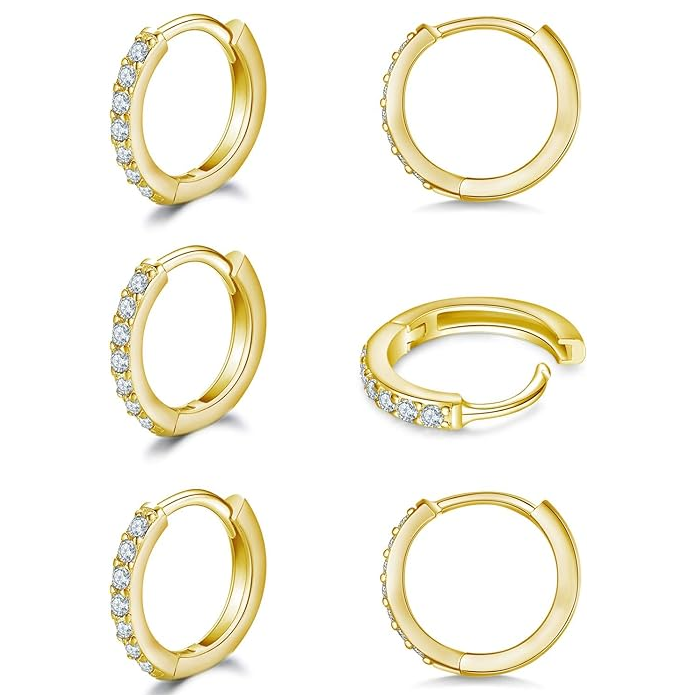925 Sterling Silver Small Hoop Earrings Cubic Zirconia Earrings, 3 Pairs, 14K White Gold Plated Ear Bone Pierced Earrings Clip-On Small Hoop Earrings, Unisex