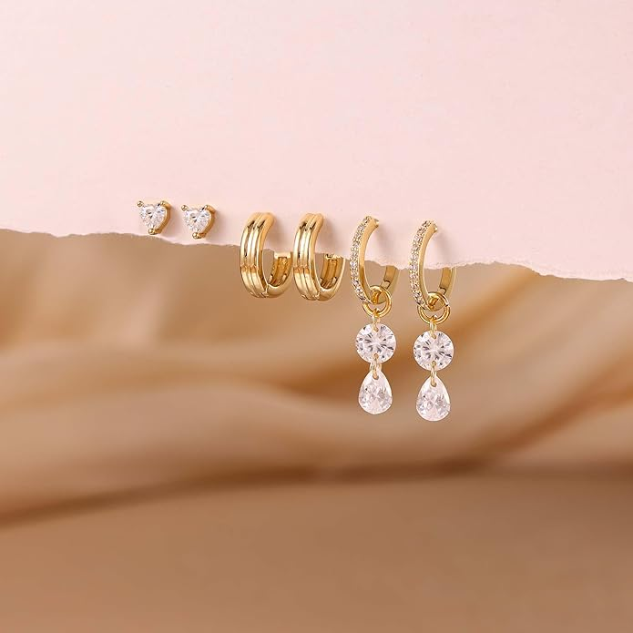 3 Pairs Gold Hoop Earrings Set: Dainty Stud Earrings Trendy Small 14K Gold Plated Hypoallergenic Dangle Cartilage Huggie Hoop Earrings for Women Gold Jewelry for Women Gifts