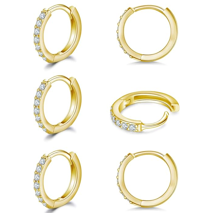925 Sterling Silver Small Hoop Earrings Cubic Zirconia Earrings, 3 Pairs, 14K White Gold Plated Ear Bone Pierced Earrings Clip-On Small Hoop Earrings, Unisex