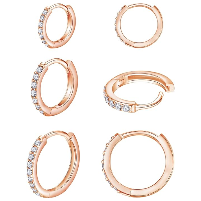 925 Sterling Silver Small Hoop Earrings Cubic Zirconia Earrings, 3 Pairs, 14K White Gold Plated Ear Bone Pierced Earrings Clip-On Small Hoop Earrings, Unisex