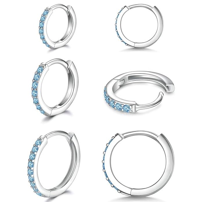 925 Sterling Silver Small Hoop Earrings Cubic Zirconia Earrings, 3 Pairs, 14K White Gold Plated Ear Bone Pierced Earrings Clip-On Small Hoop Earrings, Unisex
