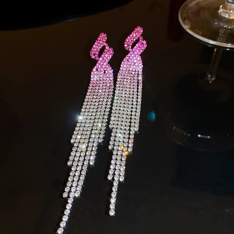 DINGKA时尚气质闪亮满钻长款流苏耳环女 高级感红色耳钉耳饰品