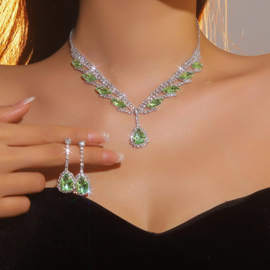 2-Piece Green Rhinestone Teardrop Jewelry Set