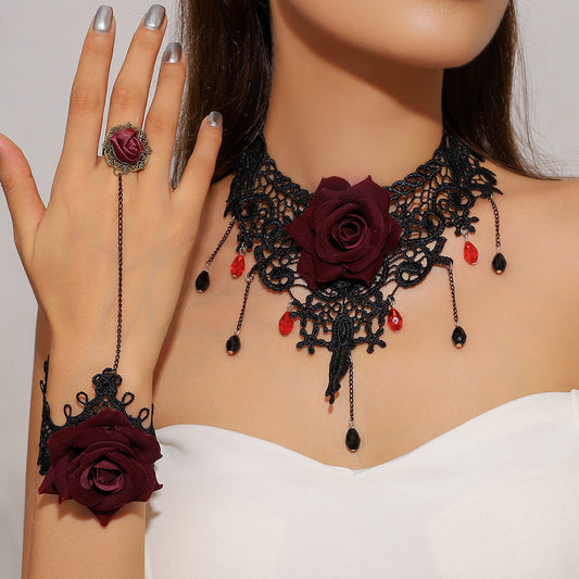 3-Piece Black Flower Gothic Jewelry Set