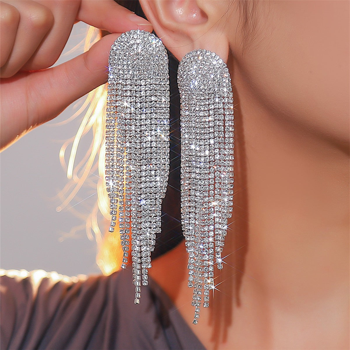 Colorful Rhinestone Tassel Stud Earrings