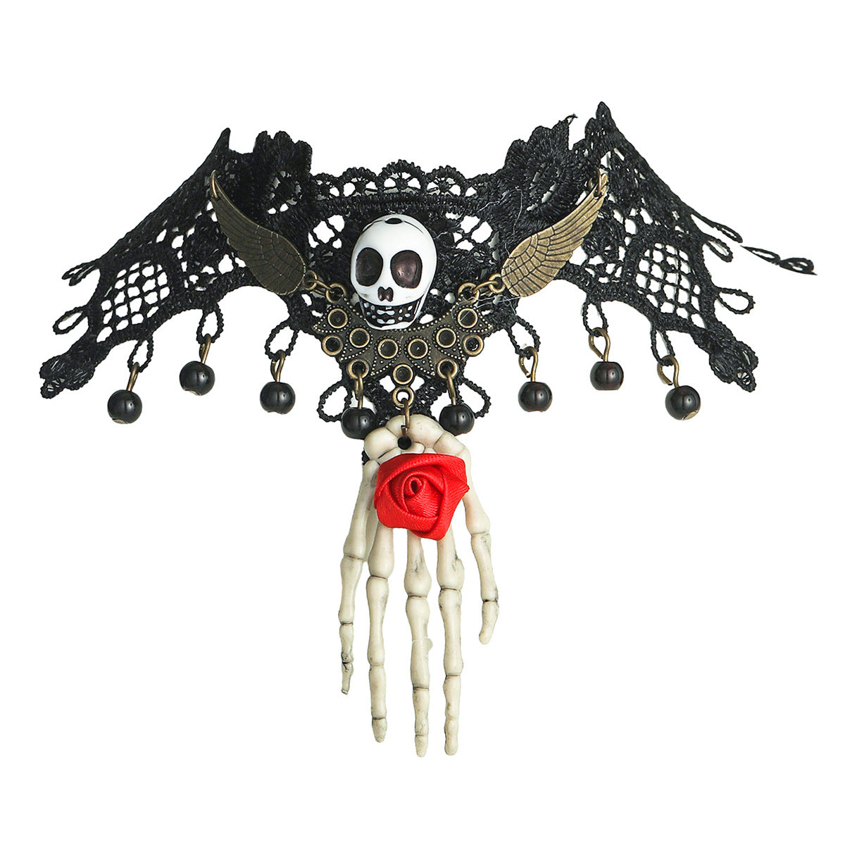 欧美跨境万圣节骷髅玫瑰手掌蕾丝项链女复古个性项圈暗黑风锁骨链