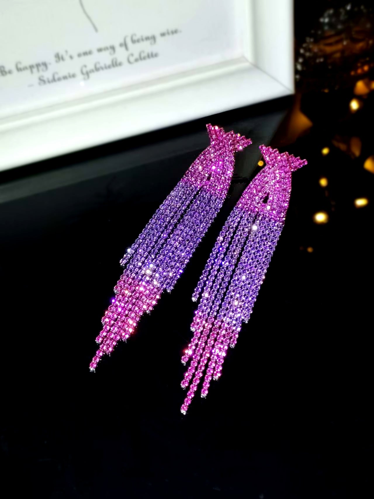 欧美时尚重工款满钻半圆蓝流苏水钻长耳线耳坠气质耳环交叉水钻耳