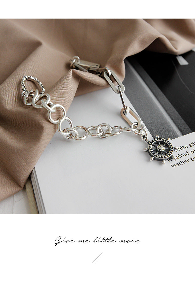 YH010韩版个性银链饰INS冷淡风复古做旧船舵链条S925纯银手链女