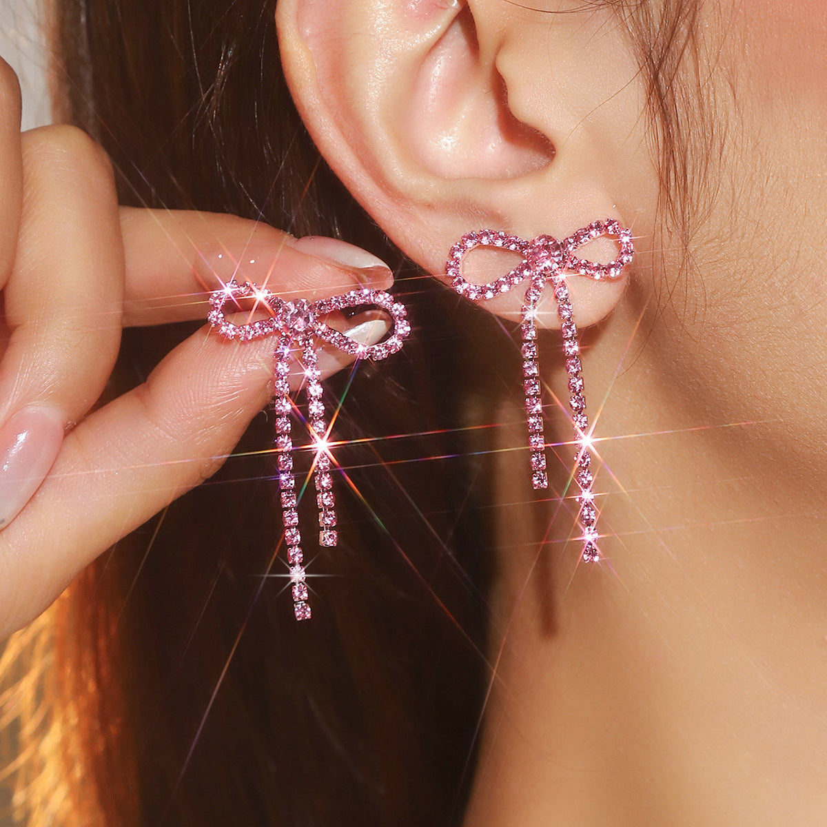 DINGKA 高级感蝴蝶结流苏耳环女 闪亮镶钻小耳钉高雅潮流耳饰品