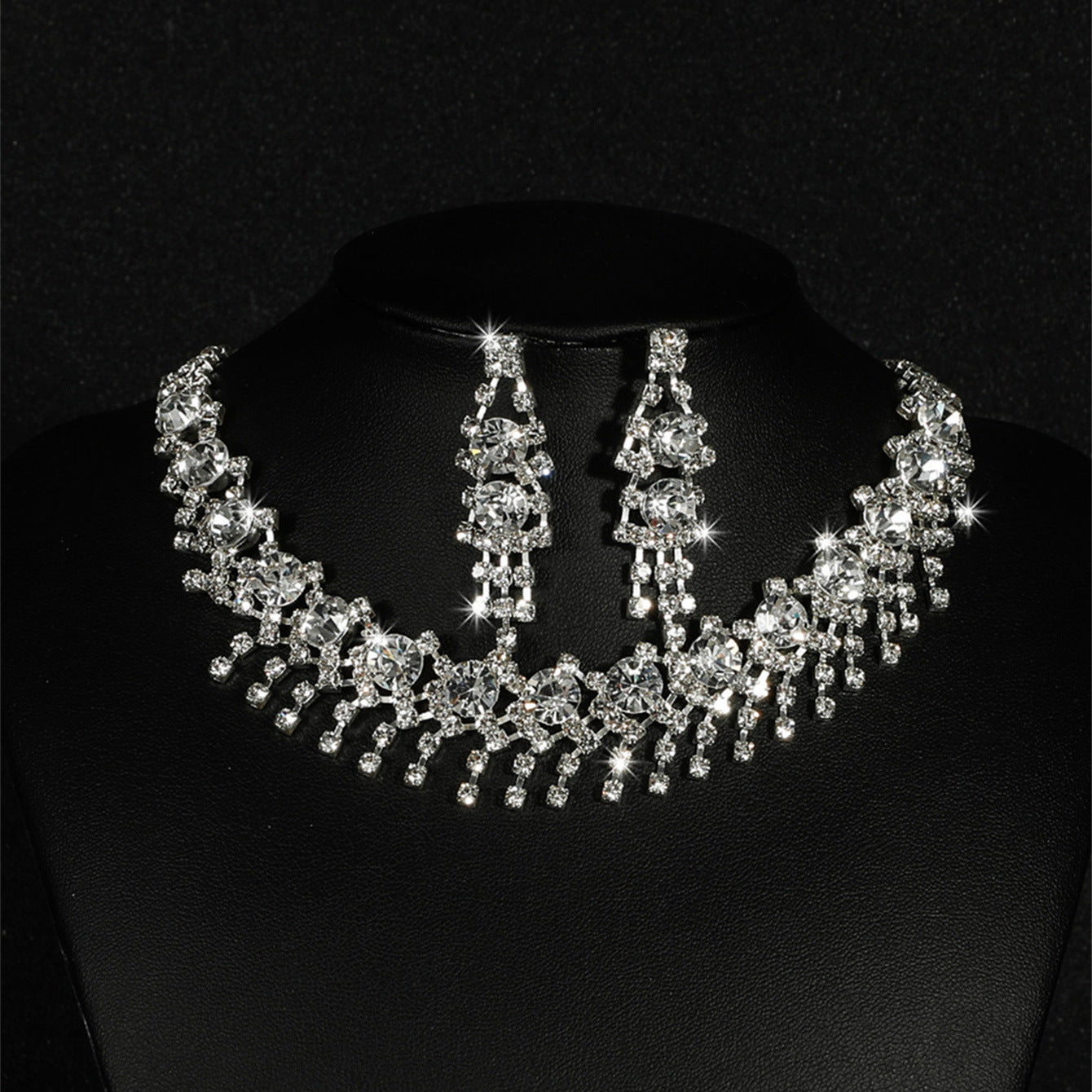 欧美热销新娘圆圈水钻套链婚纱配饰时尚水滴耳环项链套装水晶