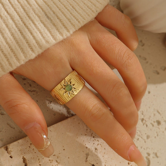 Gold Stainless Steel Turquoise Open Ring