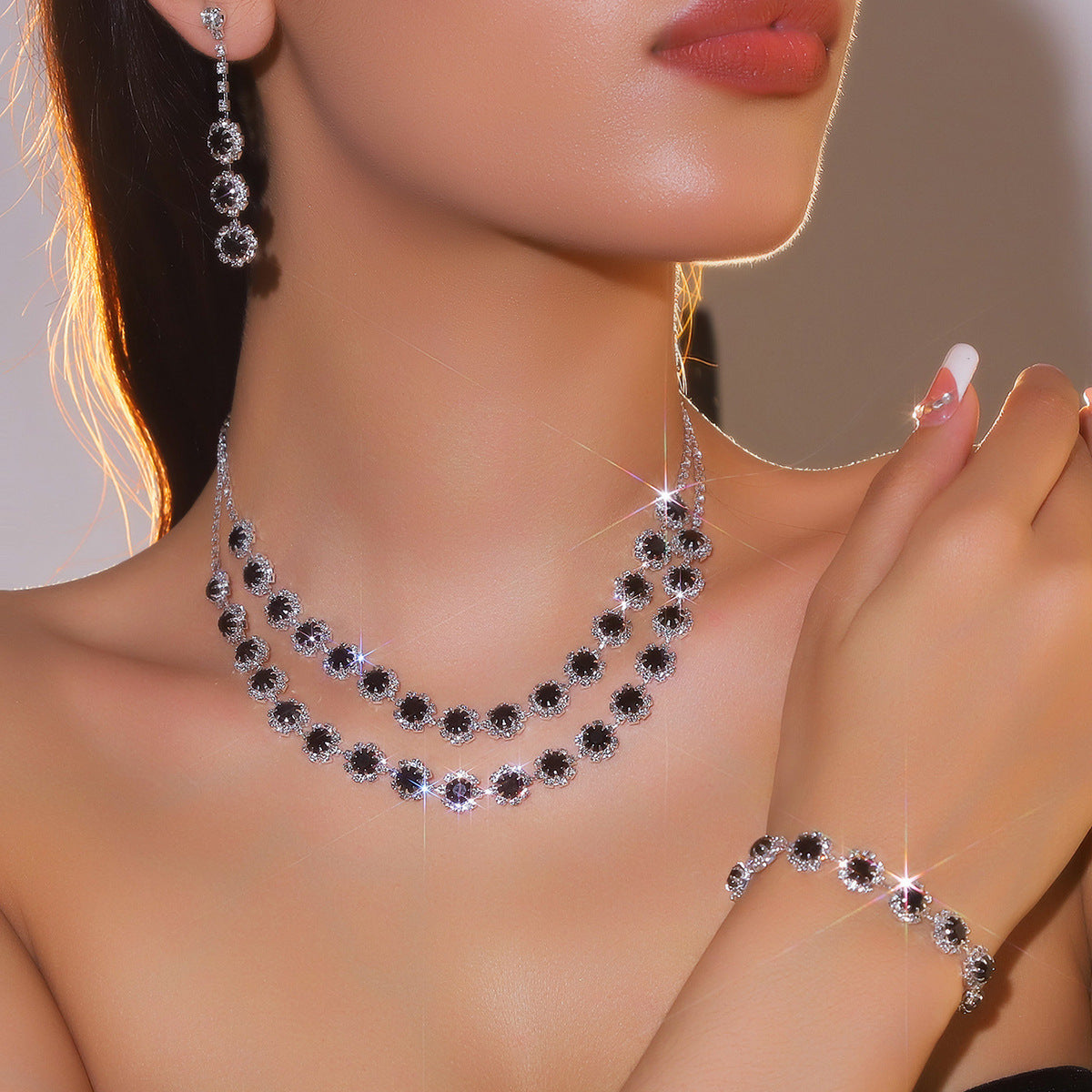 亚马逊爆款时尚闪亮水钻项链耳环手链套装 奢华气质项饰耳饰3件套