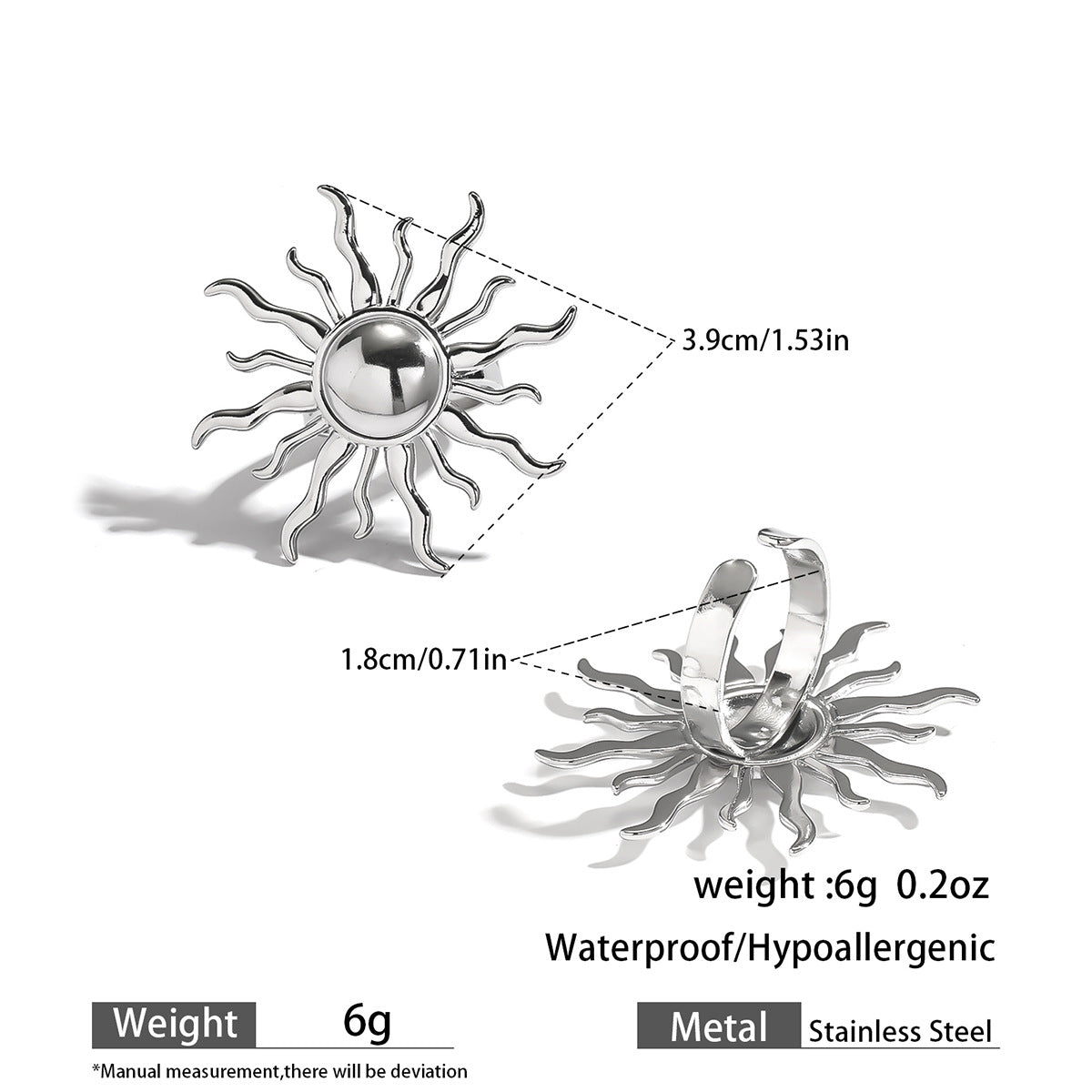 麦芽欧美跨境不锈钢钛钢太阳耳钉耳环开口戒指指环小众设计感饰品
