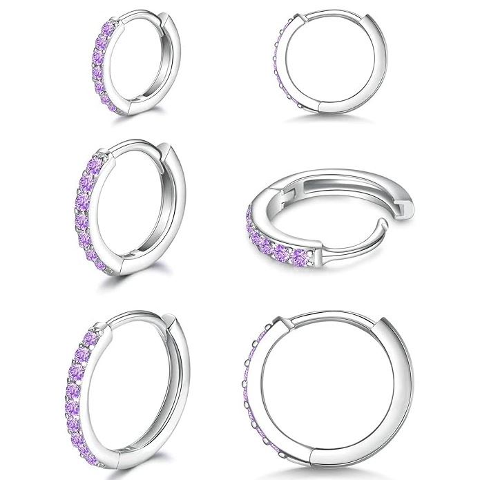 925 Sterling Silver Small Hoop Earrings Cubic Zirconia Earrings, 3 Pairs, 14K White Gold Plated Ear Bone Pierced Earrings Clip-On Small Hoop Earrings, Unisex