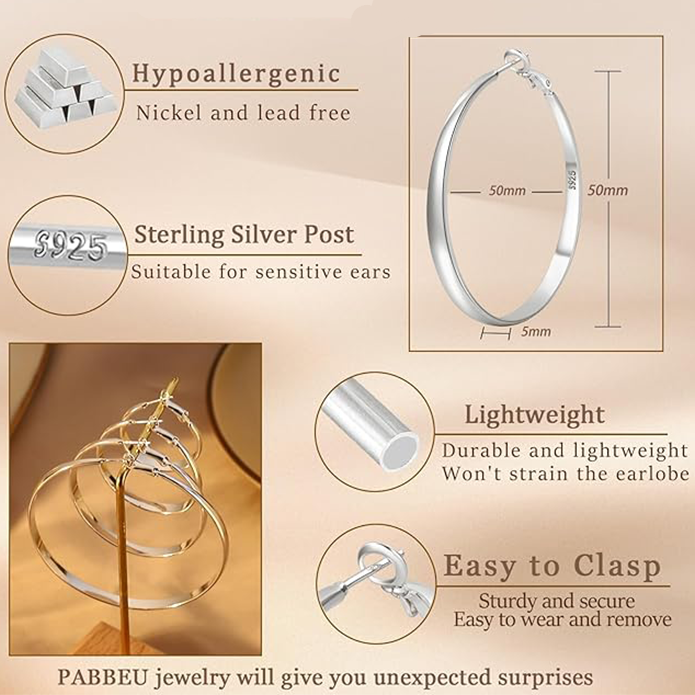 Sterling Silver Hoop Earrings for Women - Large Hypoallergenic Thin Oversize Big Hoops - S925 Hypoallergenic