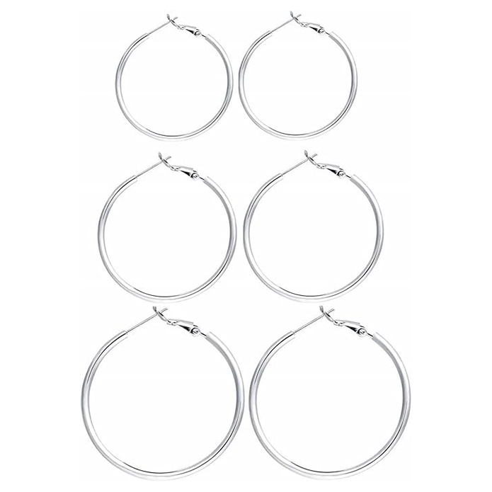 3 Pairs Sterling Silver Hoop Earrings, 14K White Gold Plated Big Hoop Earrings Set for Women 40 50 60MM
