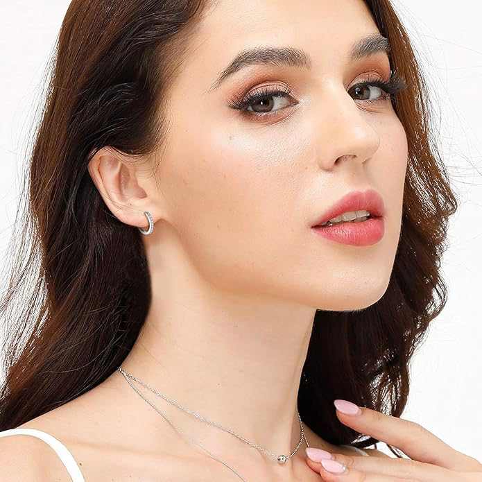 925 Sterling Silver Small Hoop Earrings Cubic Zirconia Earrings, 3 Pairs, 14K White Gold Plated Ear Bone Pierced Earrings Clip-On Small Hoop Earrings, Unisex