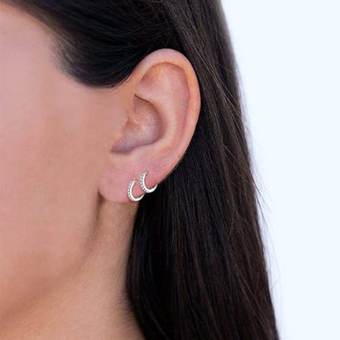 925 Sterling Silver Small Hoop Earrings Cubic Zirconia Earrings, 3 Pairs, 14K White Gold Plated Ear Bone Pierced Earrings Clip-On Small Hoop Earrings, Unisex