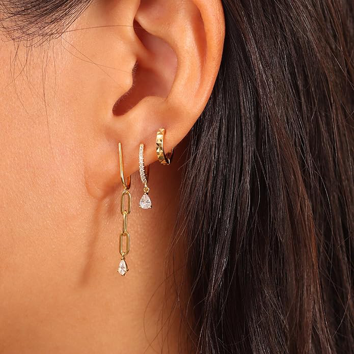 3 Pairs Gold Hoop Earrings Set: Dainty Stud Earrings Trendy Small 14K Gold Plated Hypoallergenic Dangle Cartilage Huggie Hoop Earrings for Women Gold Jewelry for Women Gifts